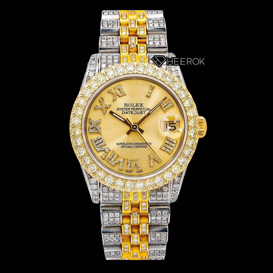 Rolex Datejust Roman Diamond Markers Yellow Dial Diamond Bezel Two Tone Yellow Gold Moissanite Diamond Jubilee Bracelet Front View