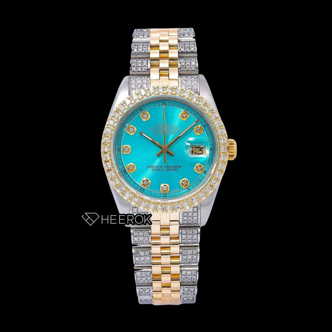Rolex Datejust Tiffany Blue Dial Diamond Markers Diamond Bezel Two Tone Yellow Gold Semi Iced Moissanite Diamond Jubilee Bracelet For Women Front View