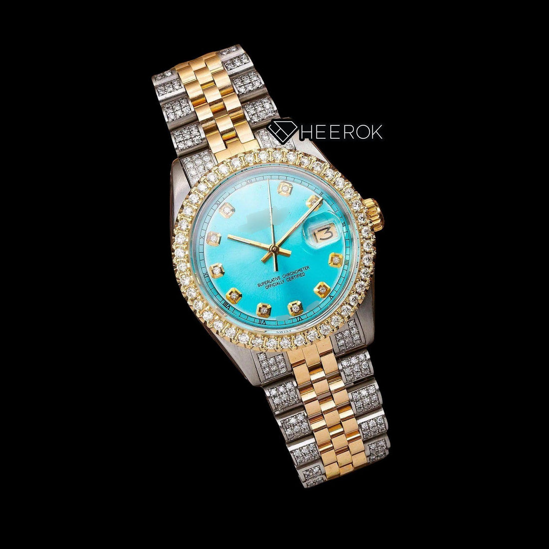 Rolex Datejust Tiffany Blue Dial Diamond Markers Diamond Bezel Two Tone Yellow Gold Semi Iced Moissanite Diamond Jubilee Bracelet For Women Front View