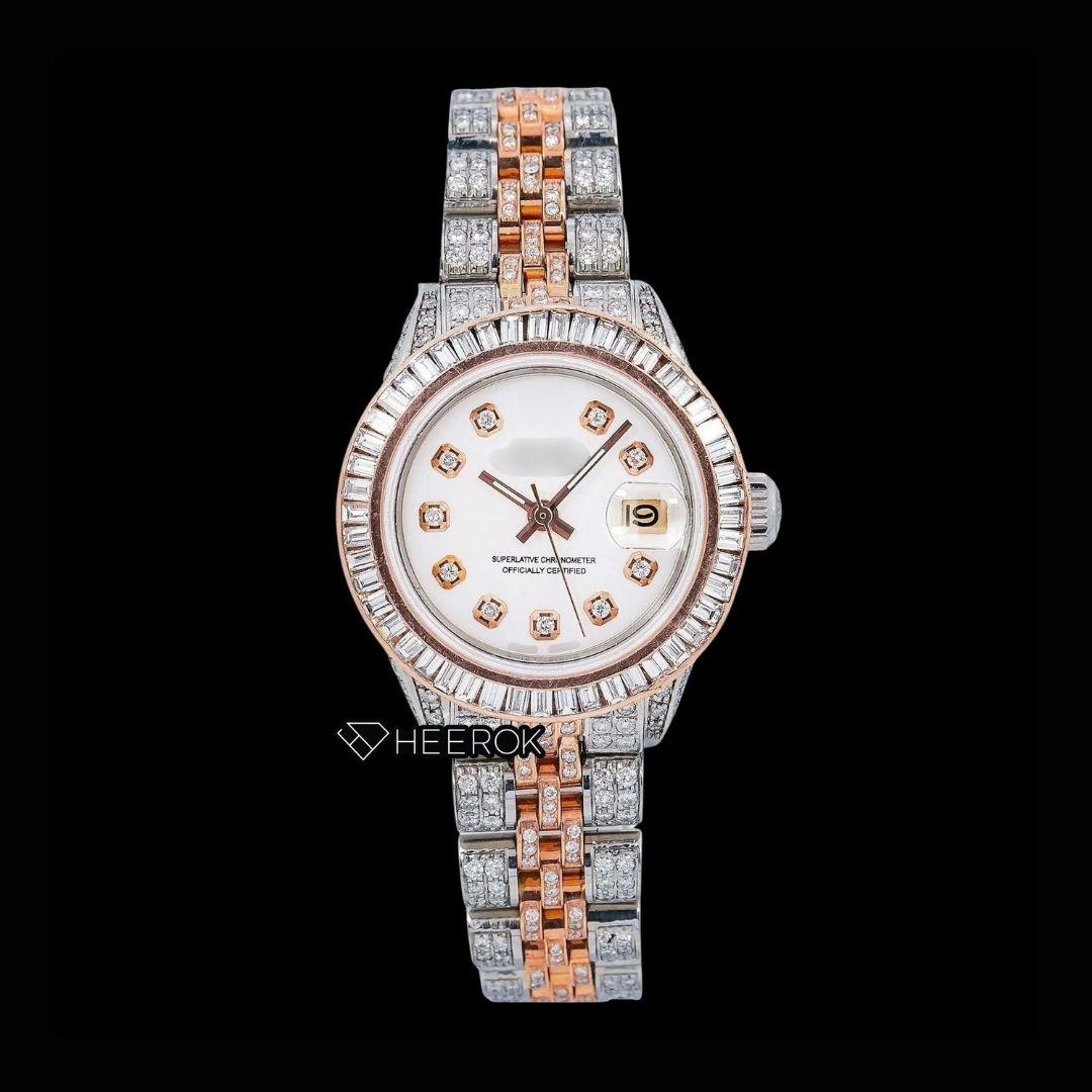 Rolex Datejust White Dial Diamond Markers Baguette Diamond Bezel Two Tone Rose Gold Moissanite Diamond Jubilee Bracelet For Women Front View.