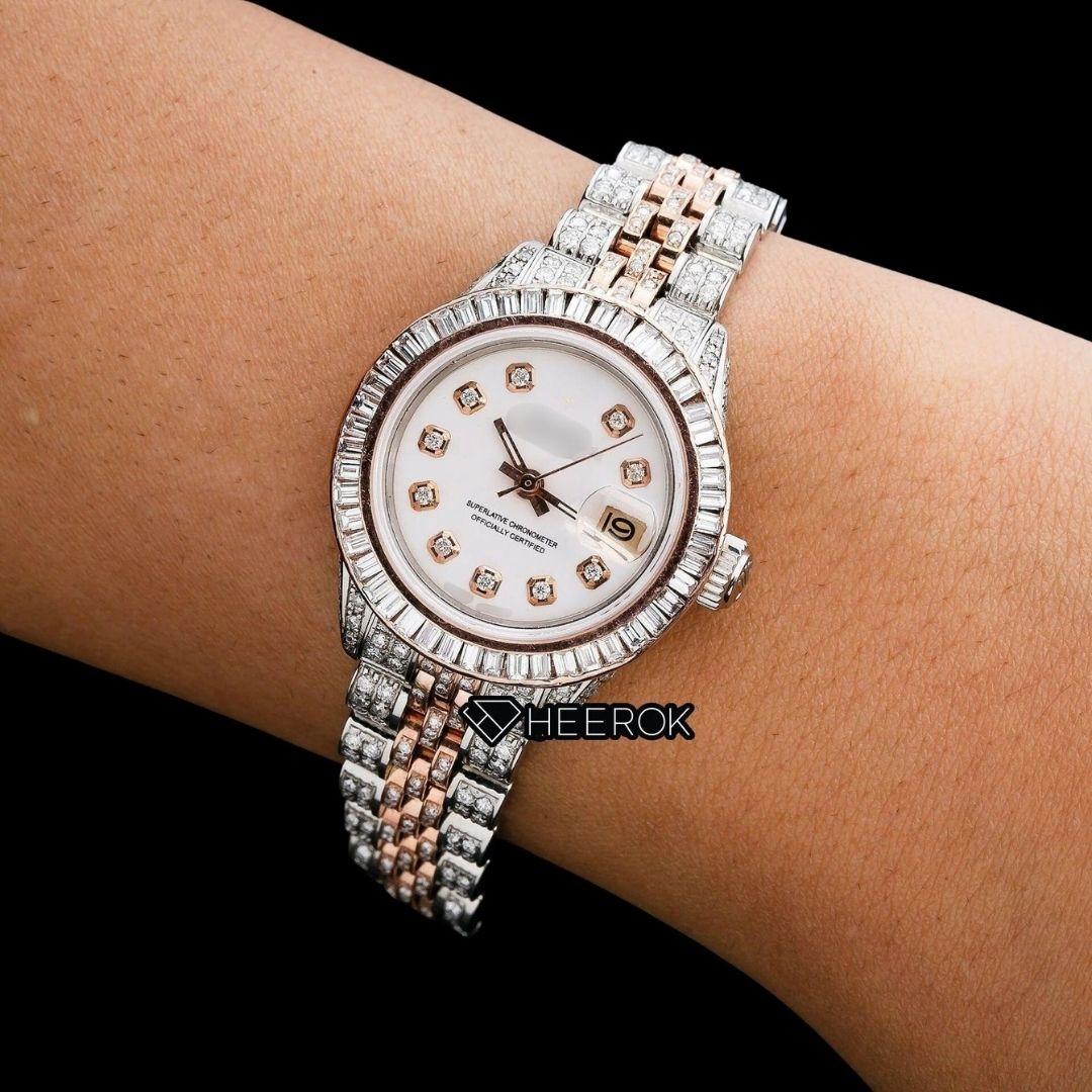Rolex Datejust White Dial Diamond Markers Baguette Diamond Bezel Two Tone Rose Gold Moissanite Diamond Jubilee Bracelet For Women Front View.