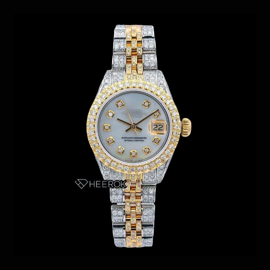 Rolex Datejust White Dial Diamond Markers Diamond Bezel Two Tone Yellow Gold Fully Iced Moissanite Diamond Jubilee Bracelet For Women Front View.