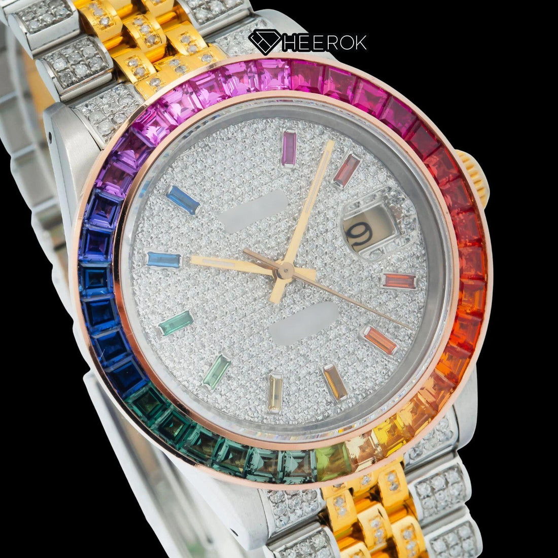 Rolex Datejust White Dial Multicolor Diamond Stick Markers Rainbow Diamond Bezel Two Tone Yellow Gold Fully Iced Moissanite Diamond Jubilee Bracelet For Women Front View