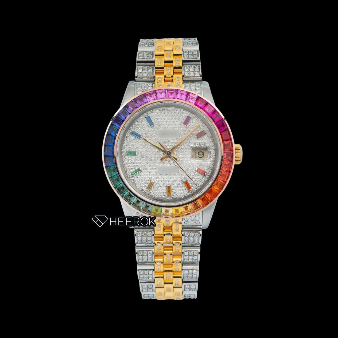 Rolex Datejust White Dial Multicolor Diamond Stick Markers Rainbow Diamond Bezel Two Tone Yellow Gold Fully Iced Moissanite Diamond Jubilee Bracelet For Women Front View
