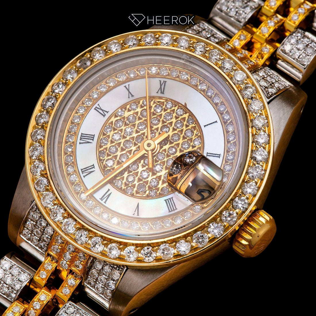 Rolex Datejust White Dial Roman Numerals Inner Pave Diamond Bezel Two Tone Yellow Gold Moissanite Diamond Jubilee Bracelet Front View