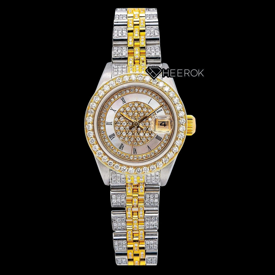Rolex Datejust White Dial Roman Numerals Inner Pave Diamond Bezel Two Tone Yellow Gold Moissanite Diamond Jubilee Bracelet Front View