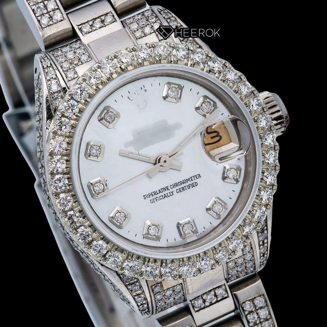 Rolex Datejust White Mother of Pearl Dial Diamond Markers Diamond Bezel Moissanite Diamond Oyster Bracelet For Women Front View.