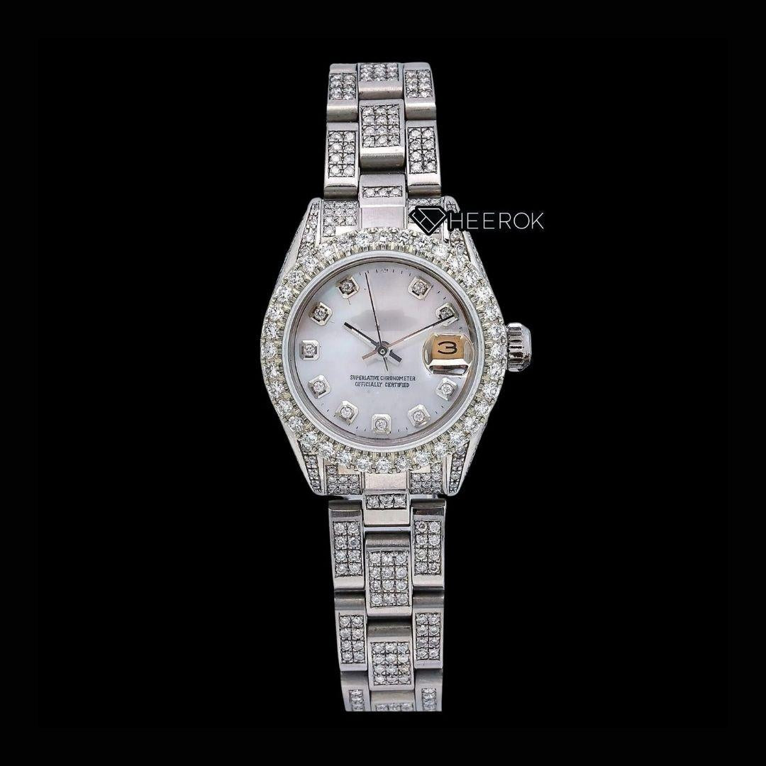 Rolex Datejust White Mother of Pearl Dial Diamond Markers Diamond Bezel Moissanite Diamond Oyster Bracelet For Women Front View.
