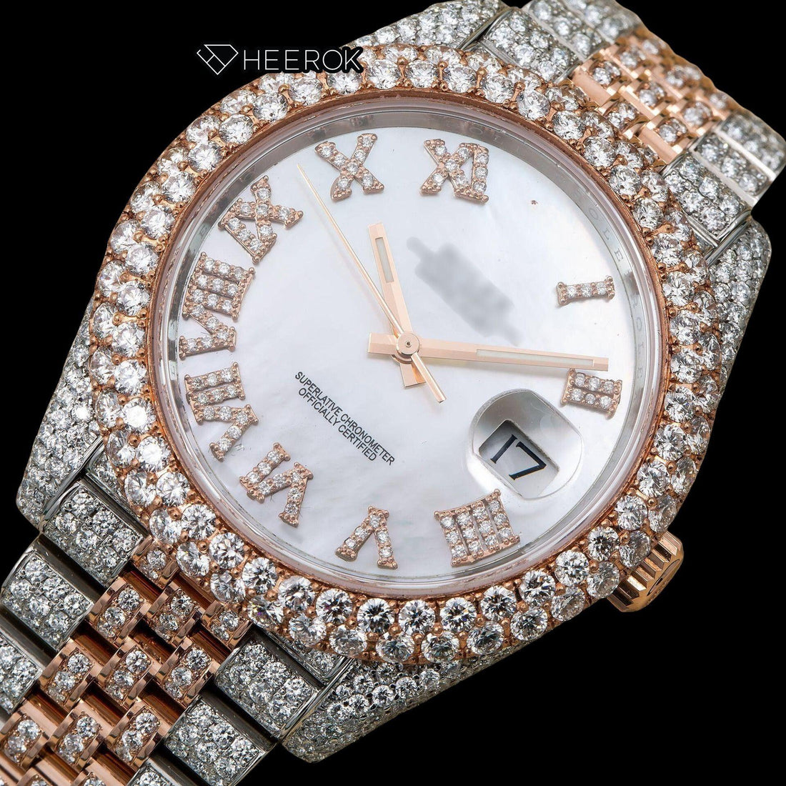 Rolex Datejust White Mother of Pearl Dial Roman Numerals Diamond Bezel Two Tone Rose Gold Moissanite Diamond Jubilee Bracelet Front View
