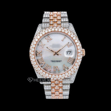 Rolex Datejust White Mother of Pearl Dial Roman Numerals Diamond Bezel Two Tone Rose Gold Moissanite Diamond Jubilee Bracelet Front View