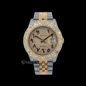Rolex Datejust Yellow Dial Arabic Numerals Large Round Diamond Bezel Two Tone Yellow Gold Iced Out Moissanite Diamond Jubilee Bracelet For Women Front View