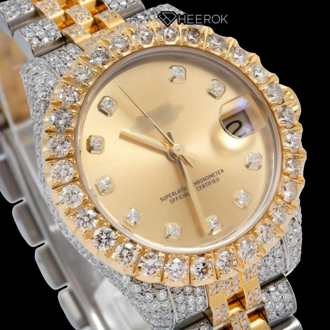 Rolex Datejust Yellow Dial Diamond Markers Diamond Bezel Two Tone Yellow Gold Iced Out Moissanite Diamond Jubilee Bracelet For Women Front View