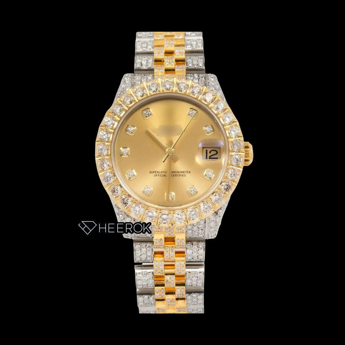 Rolex Datejust Yellow Dial Diamond Markers Diamond Bezel Two Tone Yellow Gold Iced Out Moissanite Diamond Jubilee Bracelet For Women Front View