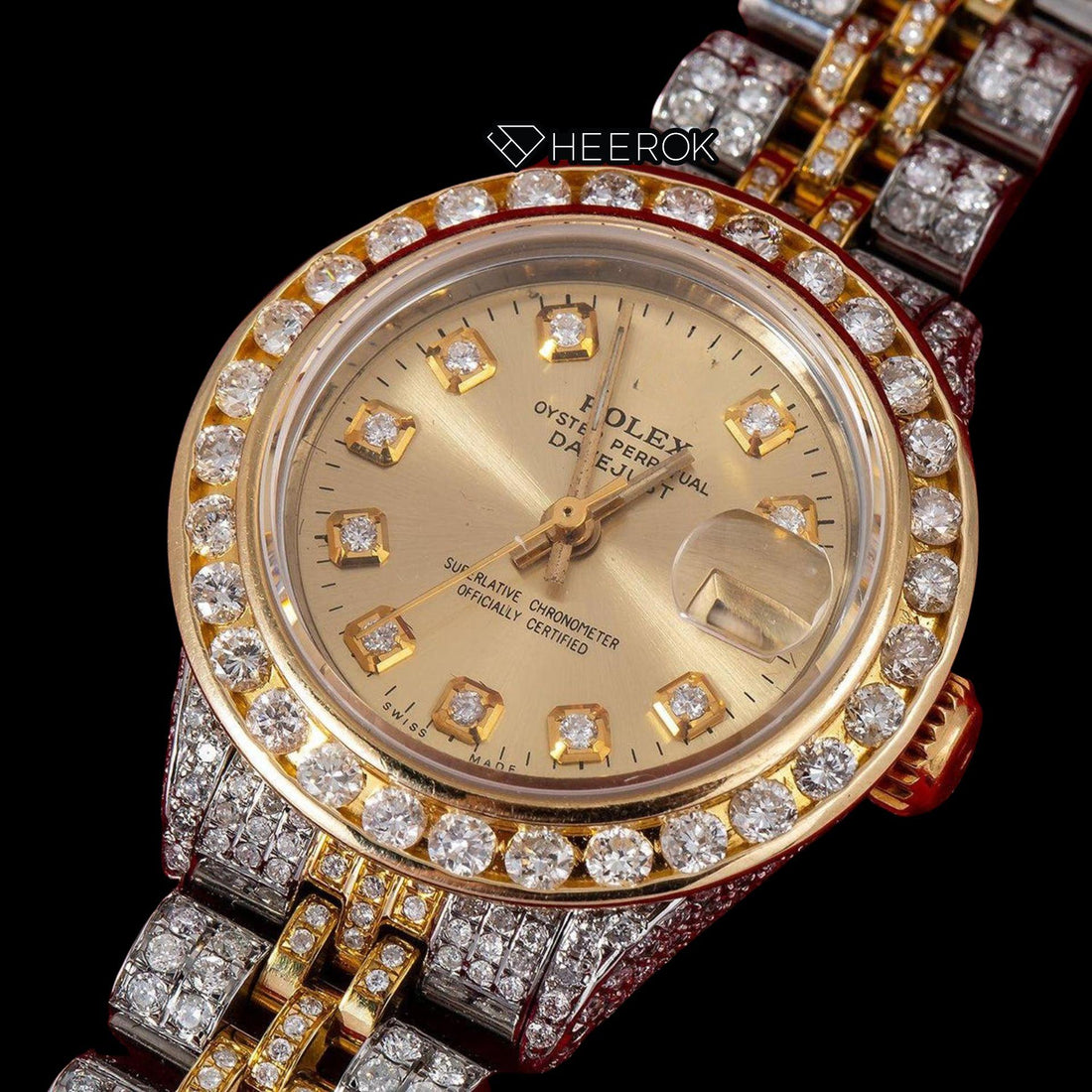 Rolex Datejust Yellow Dial Diamond Markers Diamond Bezel Two Tone Yellow Gold Moissanite Diamond Jubilee Bracelet For Women Front View