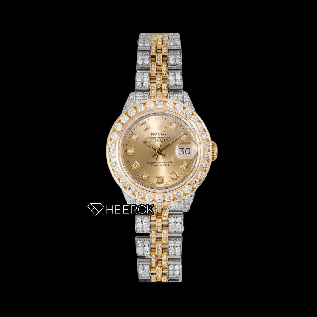 Rolex Datejust Yellow Dial Diamond Markers Diamond Bezel Two Tone Yellow Gold Moissanite Diamond Jubilee Bracelet For Women Front View
