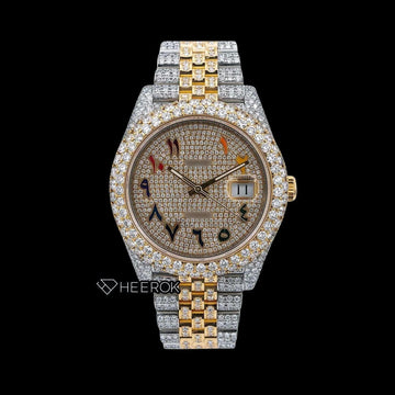 Rolex Datejust Yellow Dial Rainbow Arabic Numerals Diamond Bezel Two Tone Yellow Gold Fully Iced Out Moissanite Diamond Jubilee Bracelet Front View