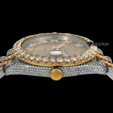 Rolex Datejust Yellow Dial Roman Diamond Markers Diamond Bezel Two Tone Yellow Gold Moissanite Diamond Jubilee Bracelet Crown View