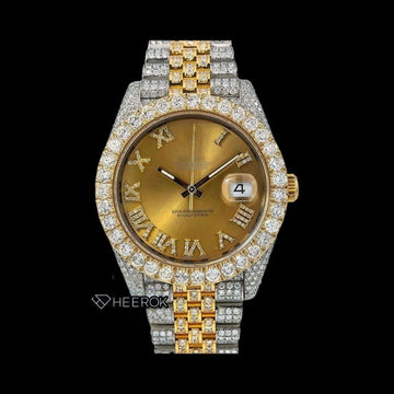 Rolex Datejust Yellow Dial Roman Diamond Markers Diamond Bezel Two Tone Yellow Gold Moissanite Diamond Jubilee Bracelet For Women Front View.