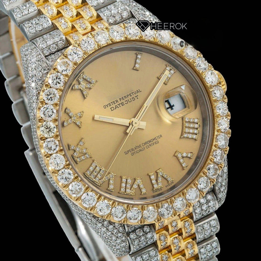 Rolex Datejust Yellow Dial Roman Diamond Markers Diamond Bezel Two Tone Yellow Gold Moissanite Diamond Jubilee Bracelet Front View