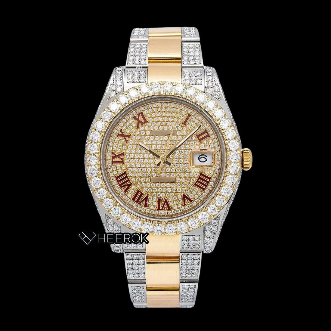Rolex Datejust Yellow Diamond Paved Dial Red Roman Numerals Diamond Bezel Two Tone Yellow Gold Semi Iced Moissanite Diamond Oyster Bracelet Front View