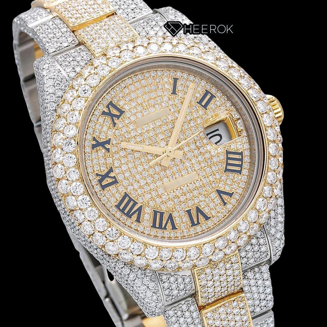 Rolex Datejust Yellow Gold Dial Roman Numerals Diamond Bezel Two Tone Yellow Gold Fully Iced Moissanite Diamond Oyster Bracelet Front View