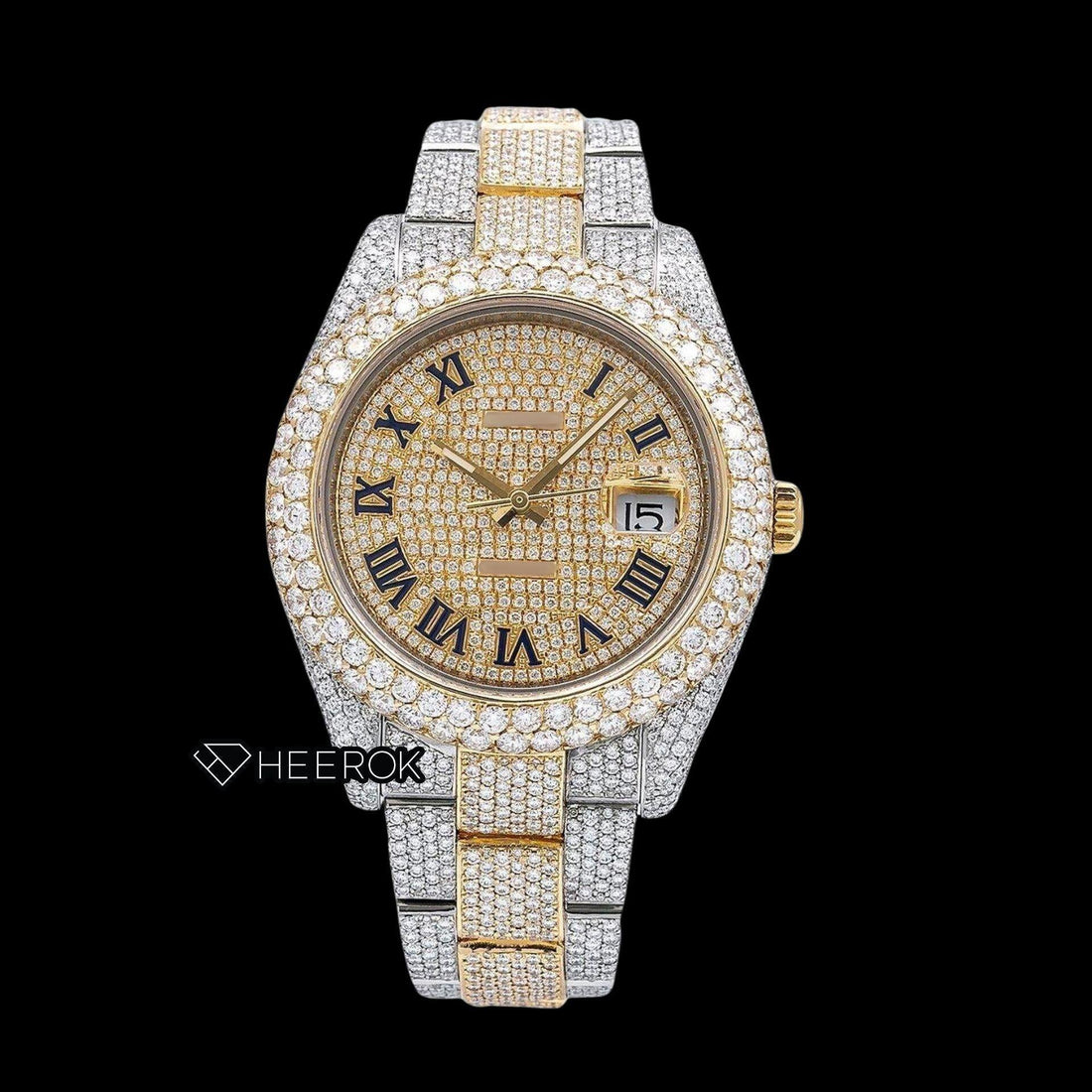 Rolex Datejust Yellow Gold Dial Roman Numerals Diamond Bezel Two Tone Yellow Gold Fully Iced Moissanite Diamond Oyster Bracelet Front View