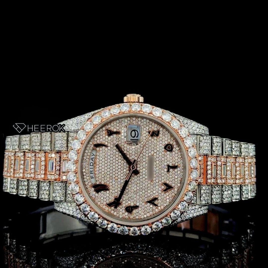 Rolex Day-Date Black Arabic Dial Diamond Bezel Two Tone Rose Gold Fully Iced Moissanite Diamond President Bracelet Front View.