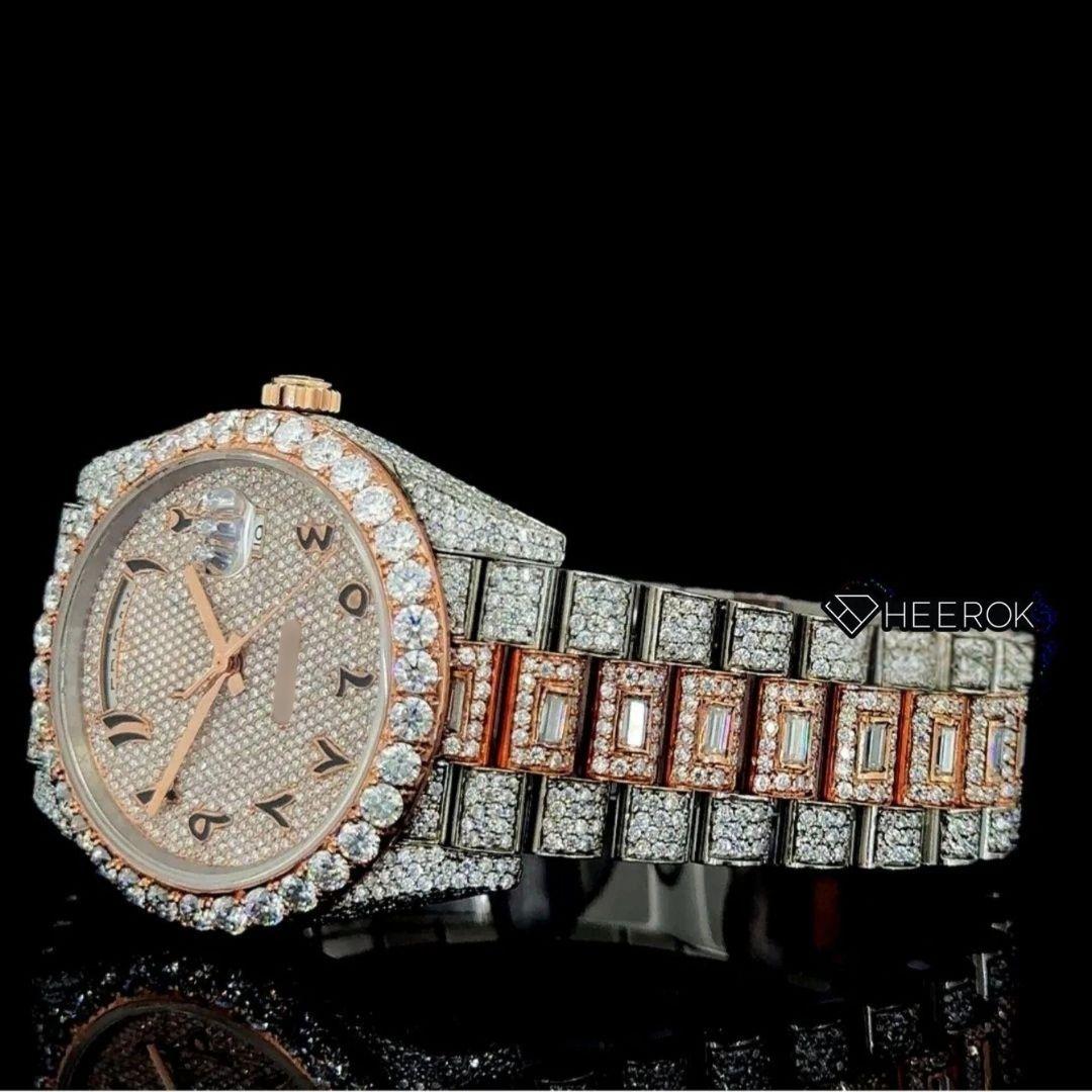 Rolex Day-Date Black Arabic Dial Diamond Bezel Two Tone Rose Gold Fully Iced Moissanite Diamond President Bracelet Front View.