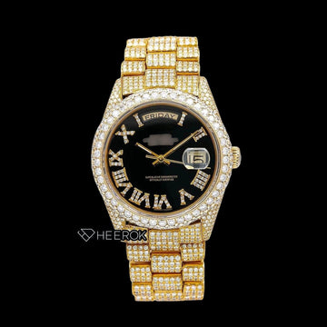 Rolex Day-Date Black Dial Roman Diamond Numerals Diamond Bezel Yellow Gold Fully Iced Moissanite Diamond President Bracelet For Women Front View