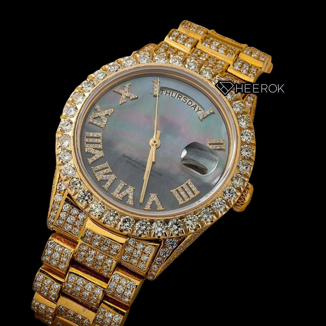 Rolex Day-Date Black Dial Roman Diamond Numerals Diamond Bezel Yellow Gold Fully Iced Out Moissanite Diamond President Bracelet For Women Front View