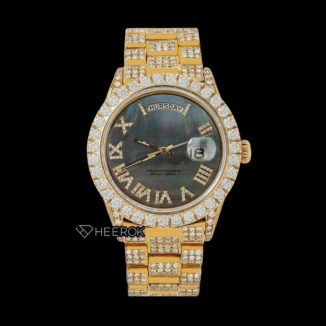 Rolex Day-Date Black Dial Roman Diamond Numerals Diamond Bezel Yellow Gold Fully Iced Out Moissanite Diamond President Bracelet For Women Front View