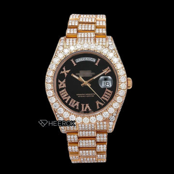 Rolex Day-Date Black Dial Roman Diamond Numerals Large Round Diamond Bezel Fully Iced Rose Gold Moissanite Diamond President Bracelet Front View