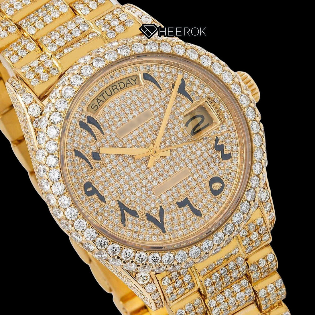 Rolex Day-Date Diamond Paved Yellow Dial Arabic Numerals Diamond Bezel Yellow Gold Fully Iced Moissanite Diamond President Bracelet For Women Front View