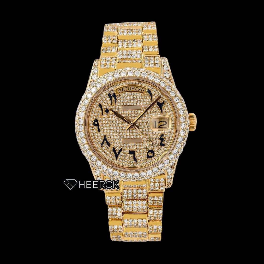 Rolex Day-Date Diamond Paved Yellow Dial Arabic Numerals Diamond Bezel Yellow Gold Fully Iced Moissanite Diamond President Bracelet For Women Front View