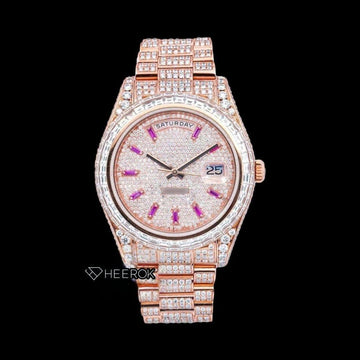 Rolex Day-Date Diamond Stick Markers Dial Baguette Diamond Bezel Rose Gold Moissanite Diamond President Bracelet For Women Front View.