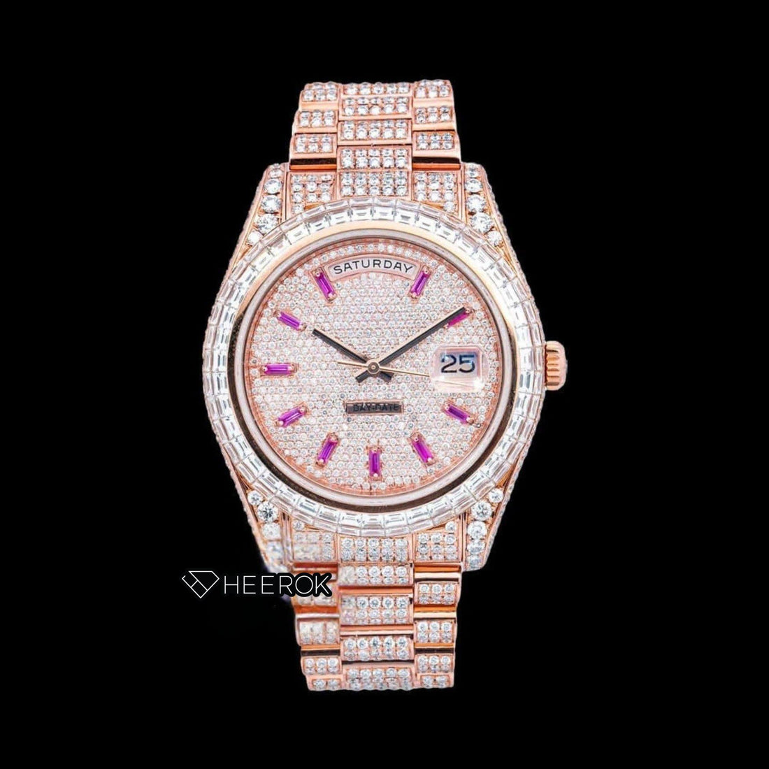 Rolex Day-Date Diamond Stick Markers Dial Baguette Diamond Bezel Rose Gold Moissanite Diamond President Bracelet Front View