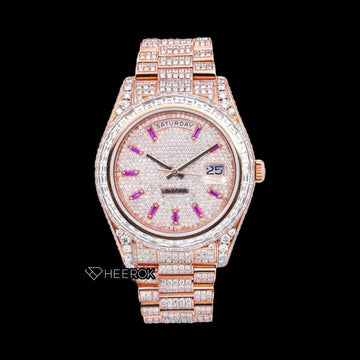Rolex Day-Date Diamond Stick Markers Dial Baguette Diamond Bezel Rose Gold Moissanite Diamond President Bracelet Front View