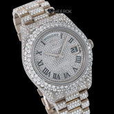 Rolex Day-Date Full Diamond Paved Dial Black Roman Numerals Diamond Bezel Fully Iced Out Moissanite Diamond President Bracelet Front View