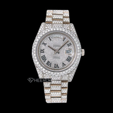 Rolex Day-Date Full Diamond Paved Dial Black Roman Numerals Diamond Bezel Fully Iced Out Moissanite Diamond President Bracelet Front View