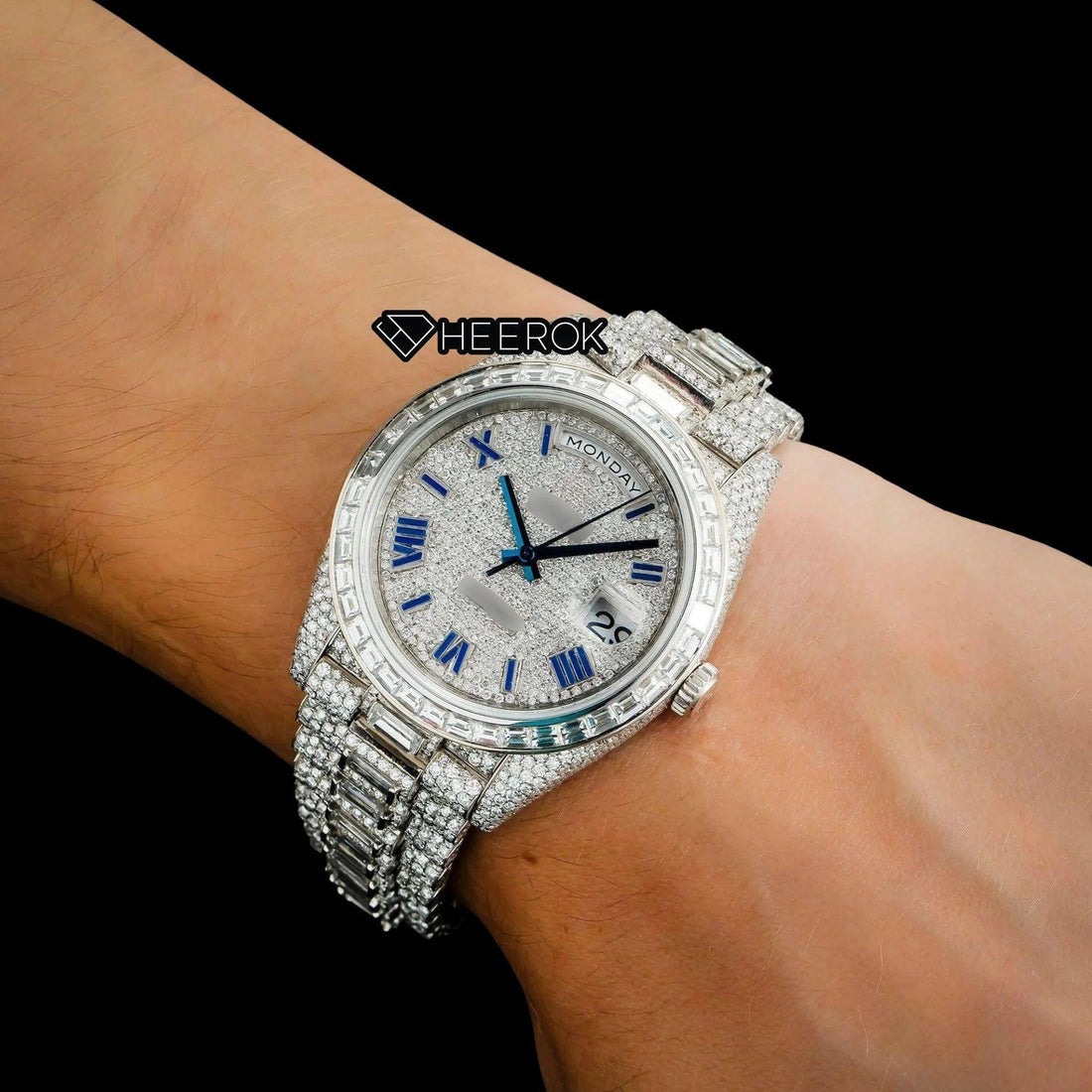 Rolex Day-Date Full Paved Dial Blue Roman Numerals Baguette Diamond Bezel Fully Iced Moissanite Diamond President Bracelet Watch Front View