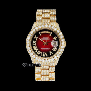 Rolex Day-Date Red Dial Roman Diamond Numerals Diamond Bezel Yellow Gold Fully Iced Moissanite Diamond President Bracelet For Women Front View
