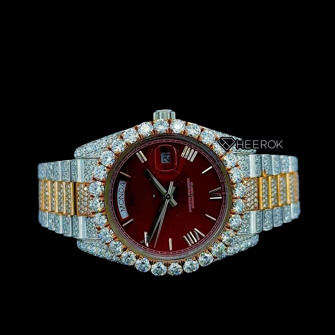 Rolex Day-Date Red Dial Roman Stick Markers Diamond Bezel Two Tone Yellow Gold Moissanite Diamond President Bracelet Front View
