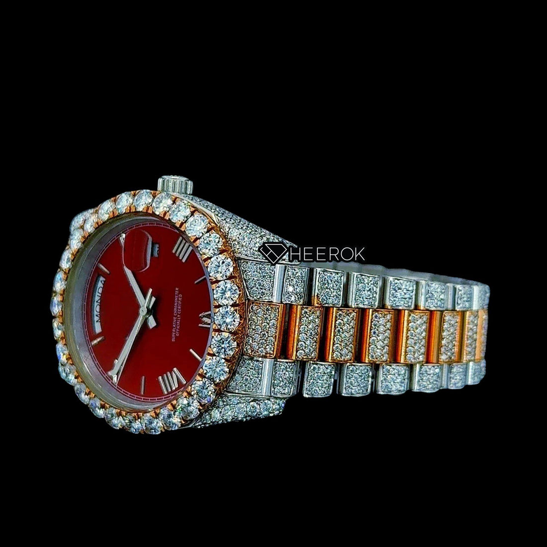 Rolex Day-Date Red Dial Roman Stick Markers Diamond Bezel Two Tone Yellow Gold Moissanite Diamond President Bracelet Front View