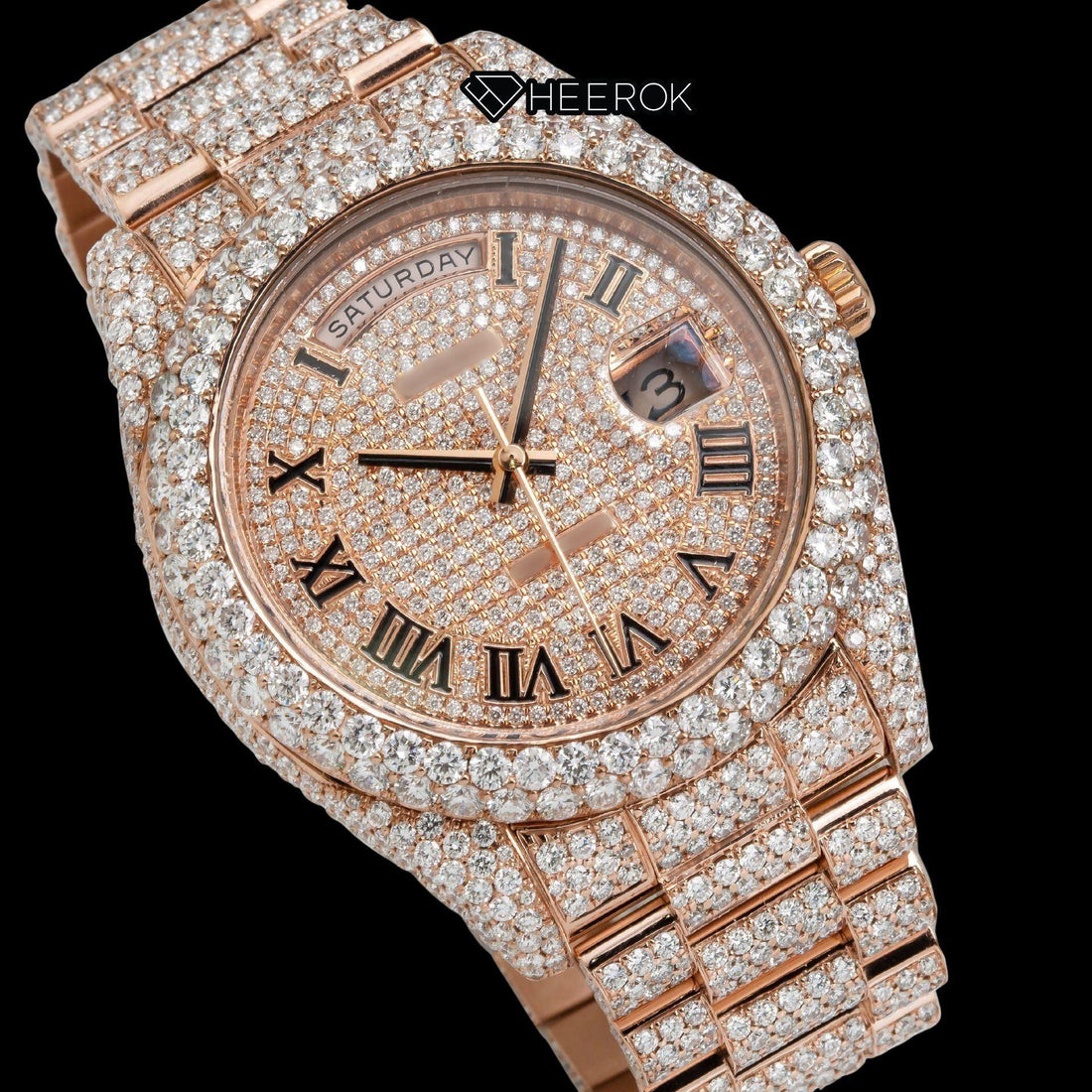 Rolex Day-Date Rose Gold Dial Roman Numerals Diamond Bezel Fully Iced Rose Gold Moissanite Diamond President Bracelet Watch Front View