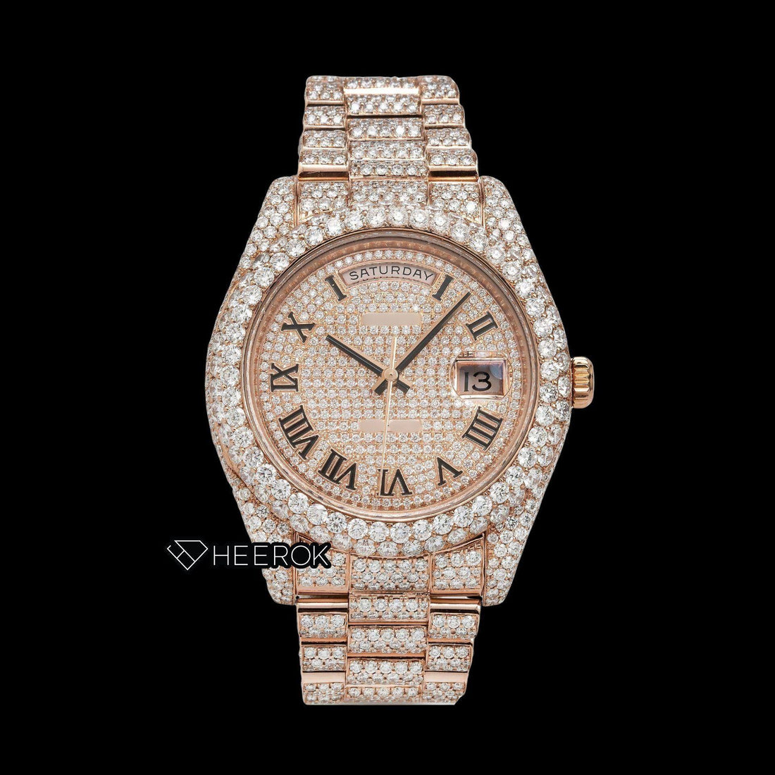 Rolex Day-Date Rose Gold Dial Roman Numerals Diamond Bezel Fully Iced Rose Gold Moissanite Diamond President Bracelet Watch Front View