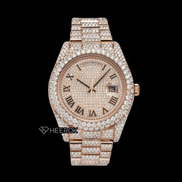 Rolex Day-Date Rose Gold Dial Roman Numerals Diamond Bezel Fully Iced Rose Gold Moissanite Diamond President Bracelet Watch Front View
