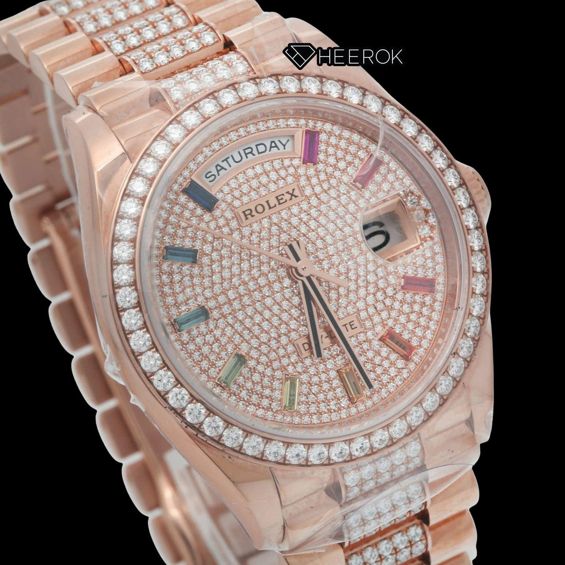 Rolex Day-Date Rose Gold Diamond Pave Dial Multicolor Baguette Markers Diamond Bezel Moissanite Diamond President Bracelet For Women Front View