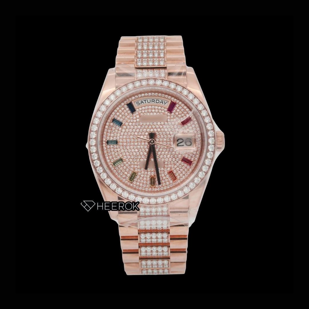 Rolex Day-Date Rose Gold Diamond Pave Dial Multicolor Baguette Markers Diamond Bezel Moissanite Diamond President Bracelet For Women Front View.