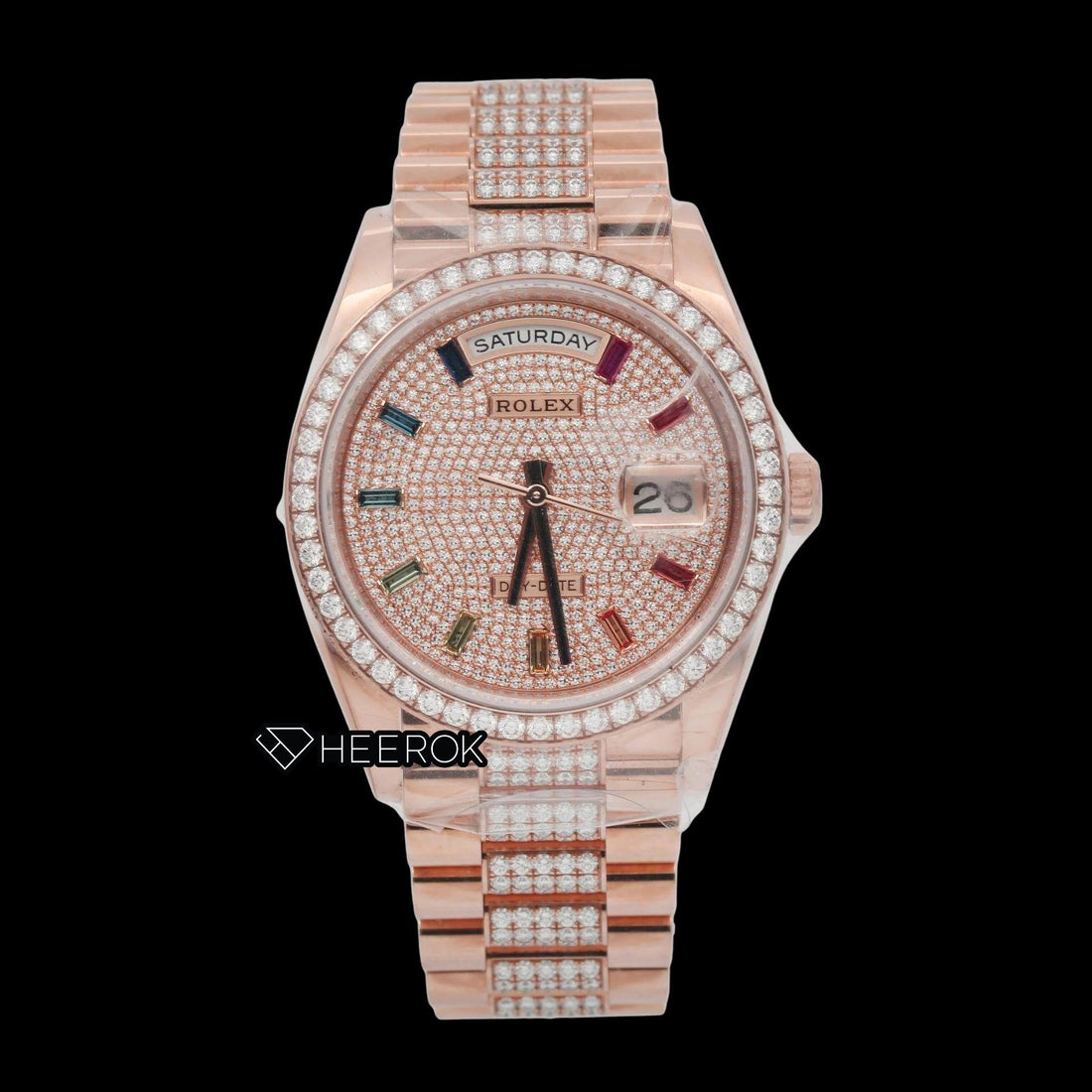 Rolex Day-Date Rose Gold Diamond Pave Dial Multicolor Baguette Markers Diamond Bezel Moissanite Diamond President Bracelet For Women Front View