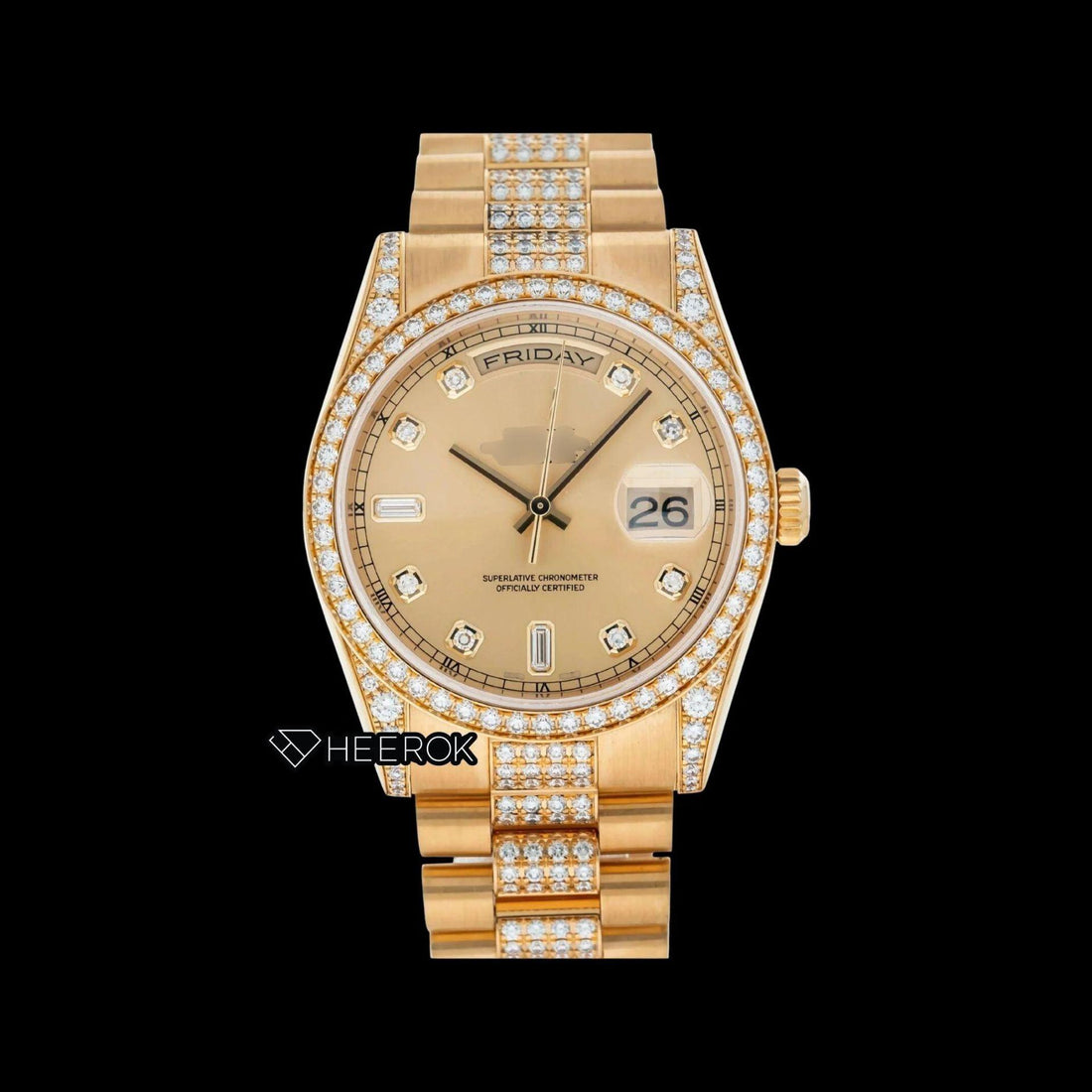 Rolex Day-Date Yellow Dial Diamond Markers Diamond Bezel Yellow Gold Semi Iced Moissanite Diamond President Bracelet Watch For Women Front View